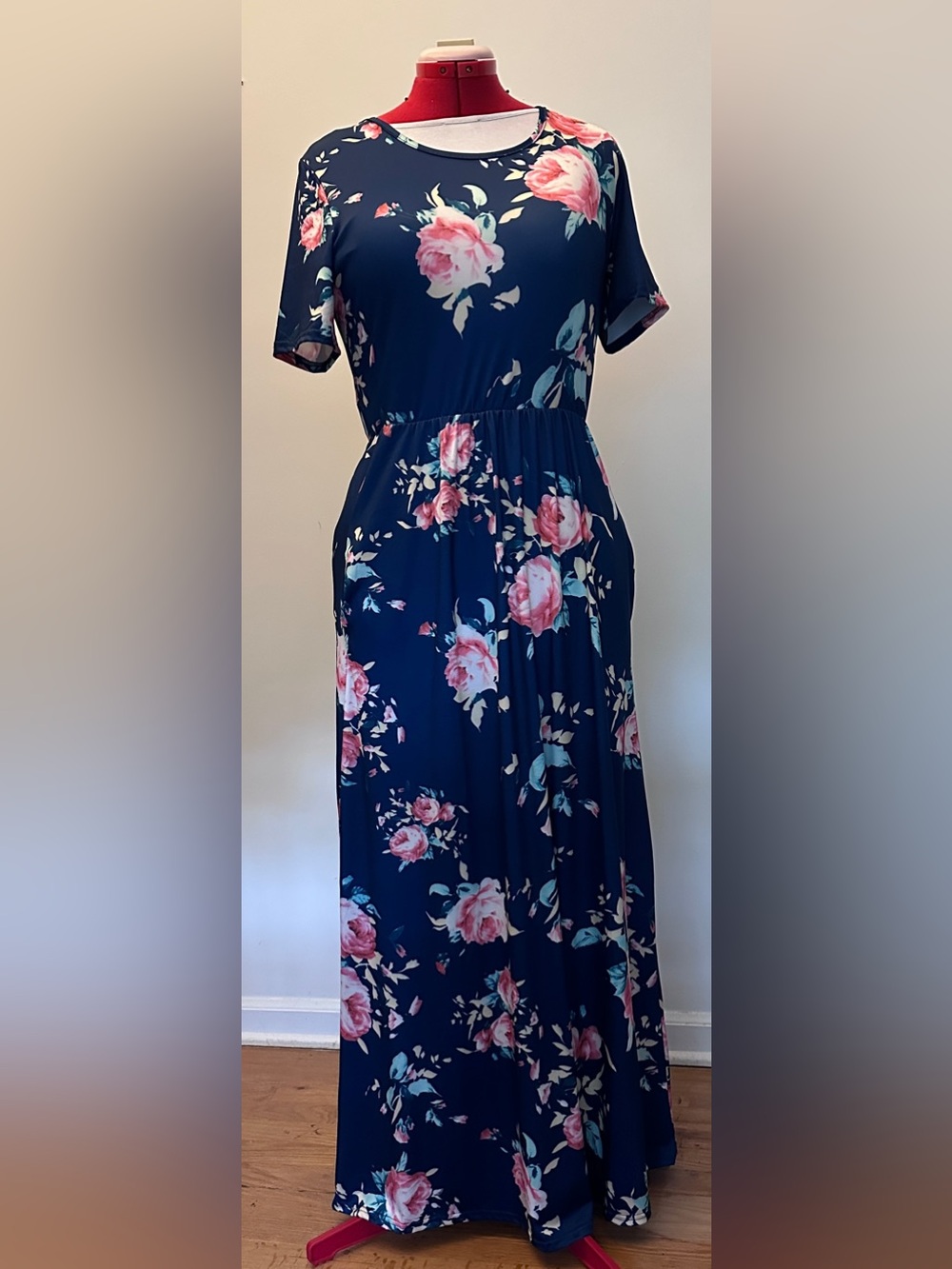 Navy Floral Maxi Dress | Pink Roses | Short Sleeve | Size L/XL